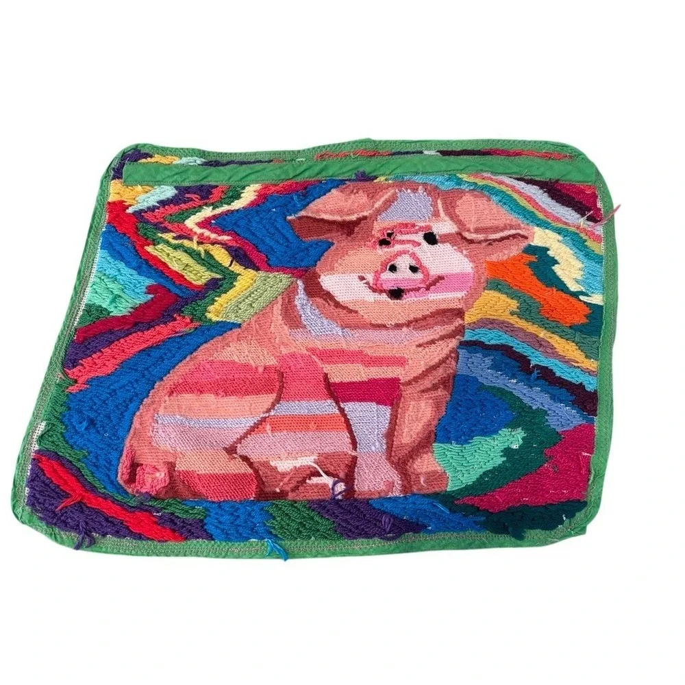 Vintage Handmade Needlepoint Pig Wall Art‎ Colorful Psychedelic Folk Art 17x14